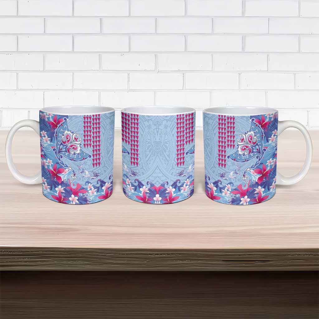 Hawaiian Tribal Manta Ray Ceramic Mug Kakau Tattoo and Flowers Surfing Waves Pattern Soft Color