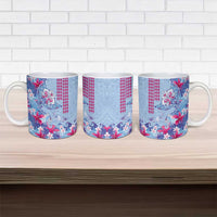 Hawaiian Tribal Manta Ray Ceramic Mug Kakau Tattoo and Flowers Surfing Waves Pattern Soft Color