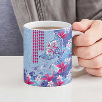 Hawaiian Tribal Manta Ray Ceramic Mug Kakau Tattoo and Flowers Surfing Waves Pattern Soft Color