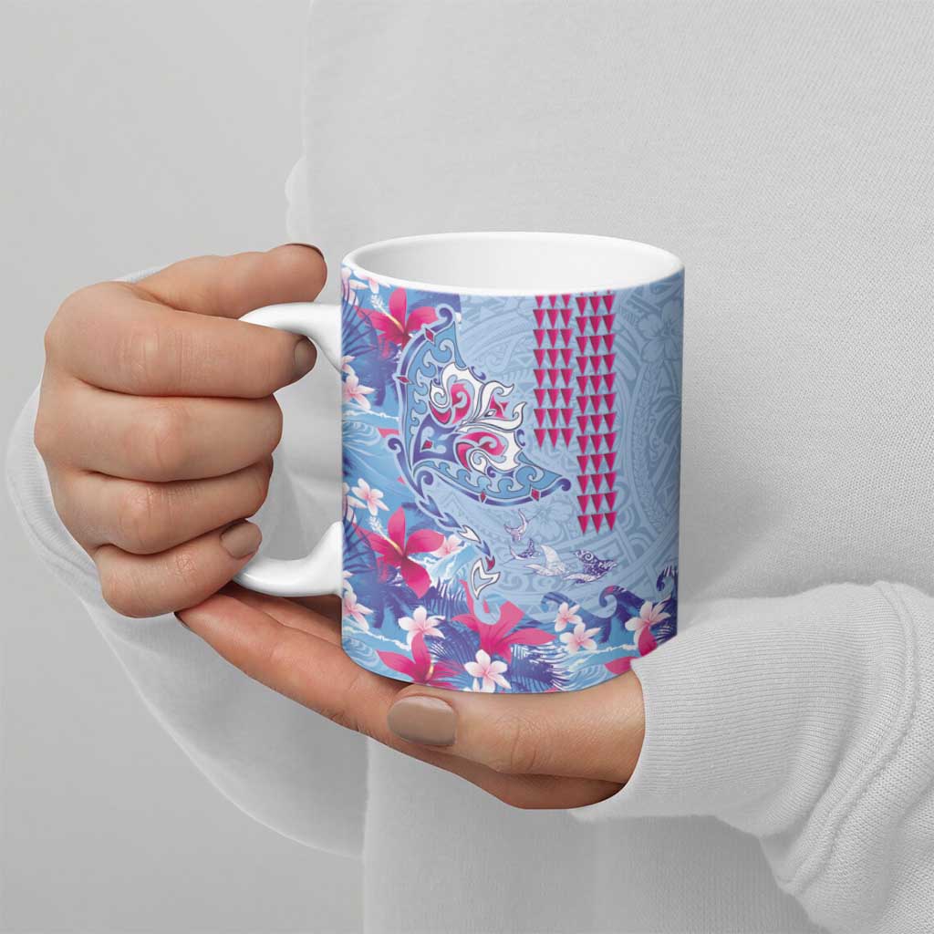 Hawaiian Tribal Manta Ray Ceramic Mug Kakau Tattoo and Flowers Surfing Waves Pattern Soft Color