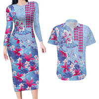 Hawaiian Tribal Manta Ray Couples Matching Long Sleeve Bodycon Dress and Hawaiian Shirt Kakau Tattoo and Flowers Surfing Waves Pattern Soft Color