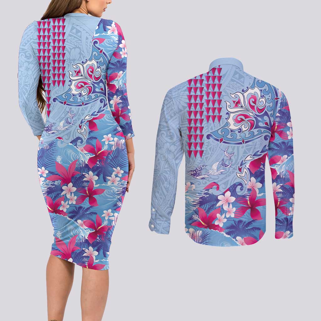 Hawaiian Tribal Manta Ray Couples Matching Long Sleeve Bodycon Dress and Long Sleeve Button Shirt Kakau Tattoo and Flowers Surfing Waves Pattern Soft Color