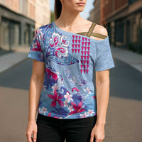 Hawaiian Tribal Manta Ray Cross Shoulder Shirt Kakau Tattoo and Flowers Surfing Waves Pattern Soft Color LT03 - Polynesian Pride