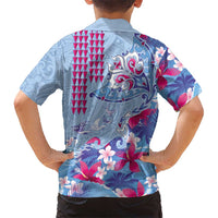 Hawaiian Tribal Manta Ray Family Matching Long Sleeve Bodycon Dress and Hawaiian Shirt Kakau Tattoo and Flowers Surfing Waves Pattern Soft Color
