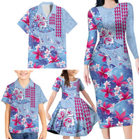 Hawaiian Tribal Manta Ray Family Matching Long Sleeve Bodycon Dress and Hawaiian Shirt Kakau Tattoo and Flowers Surfing Waves Pattern Soft Color