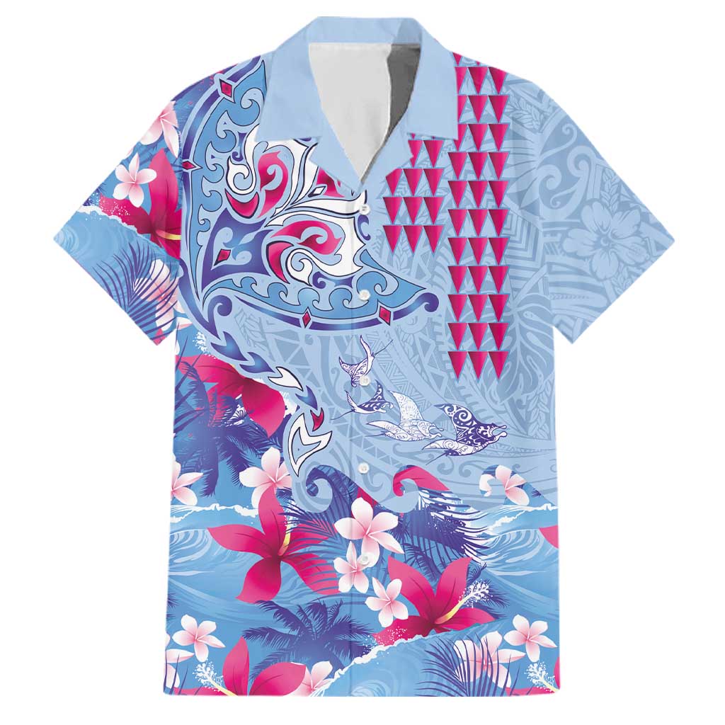 Hawaiian Tribal Manta Ray Family Matching Long Sleeve Bodycon Dress and Hawaiian Shirt Kakau Tattoo and Flowers Surfing Waves Pattern Soft Color