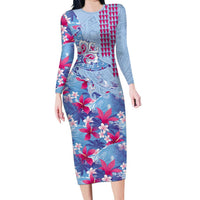 Hawaiian Tribal Manta Ray Family Matching Long Sleeve Bodycon Dress and Hawaiian Shirt Kakau Tattoo and Flowers Surfing Waves Pattern Soft Color