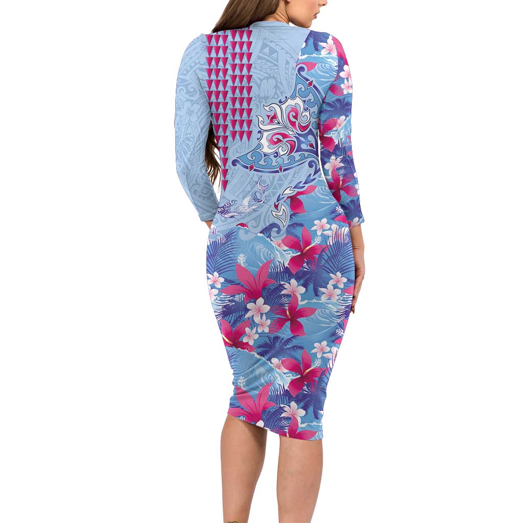 Hawaiian Tribal Manta Ray Family Matching Long Sleeve Bodycon Dress and Hawaiian Shirt Kakau Tattoo and Flowers Surfing Waves Pattern Soft Color