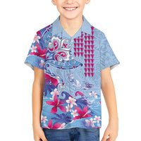 Hawaiian Tribal Manta Ray Family Matching Long Sleeve Bodycon Dress and Hawaiian Shirt Kakau Tattoo and Flowers Surfing Waves Pattern Soft Color