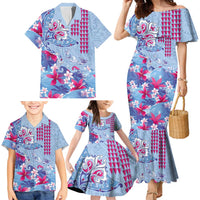 Hawaiian Tribal Manta Ray Family Matching Mermaid Dress and Hawaiian Shirt Kakau Tattoo and Flowers Surfing Waves Pattern Soft Color