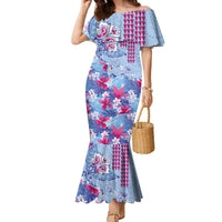 Hawaiian Tribal Manta Ray Family Matching Mermaid Dress and Hawaiian Shirt Kakau Tattoo and Flowers Surfing Waves Pattern Soft Color