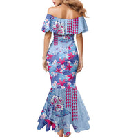Hawaiian Tribal Manta Ray Family Matching Mermaid Dress and Hawaiian Shirt Kakau Tattoo and Flowers Surfing Waves Pattern Soft Color