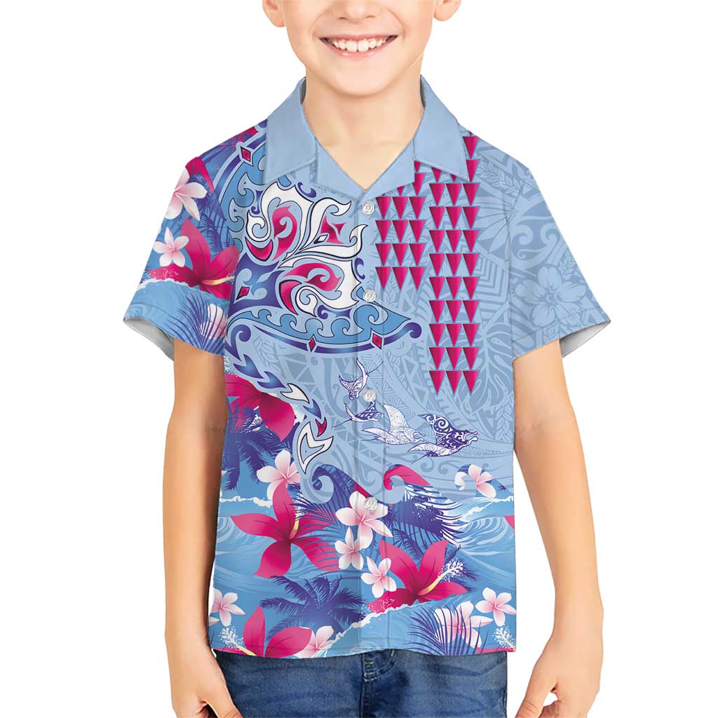 Hawaiian Tribal Manta Ray Family Matching Mermaid Dress and Hawaiian Shirt Kakau Tattoo and Flowers Surfing Waves Pattern Soft Color