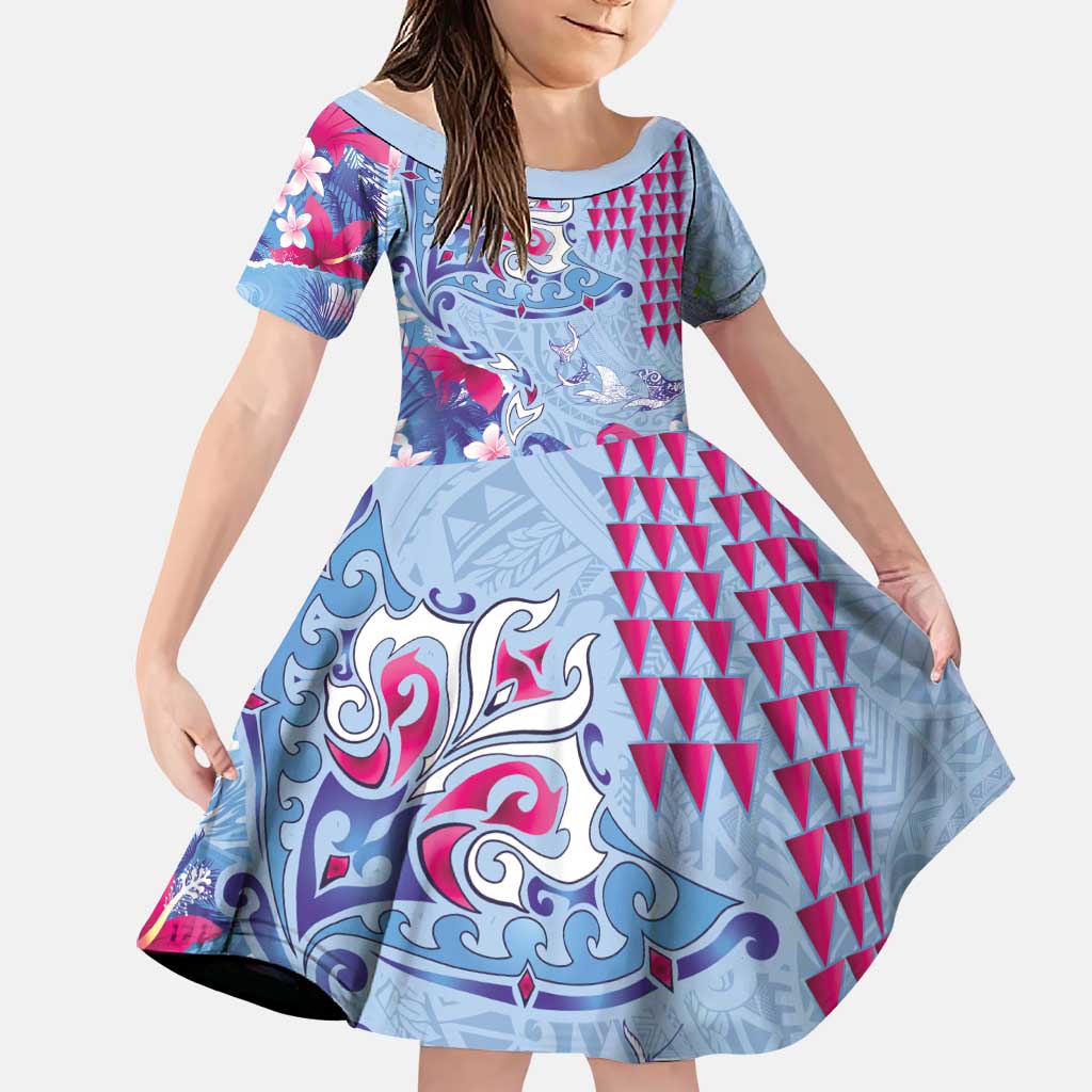Hawaiian Tribal Manta Ray Family Matching Off Shoulder Maxi Dress and Hawaiian Shirt Kakau Tattoo and Flowers Surfing Waves Pattern Soft Color