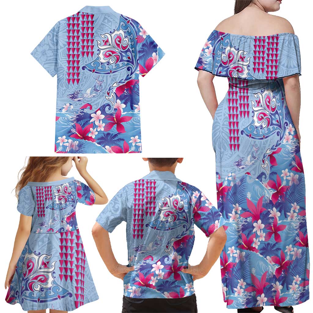 Hawaiian Tribal Manta Ray Family Matching Off Shoulder Maxi Dress and Hawaiian Shirt Kakau Tattoo and Flowers Surfing Waves Pattern Soft Color