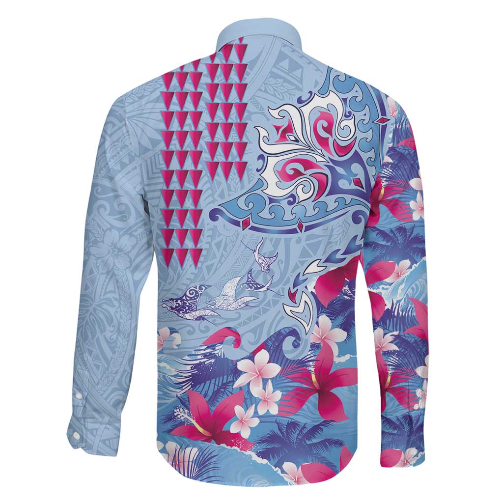 Hawaiian Tribal Manta Ray Family Matching Off Shoulder Maxi Dress and Hawaiian Shirt Kakau Tattoo and Flowers Surfing Waves Pattern Soft Color