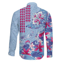 Hawaiian Tribal Manta Ray Family Matching Off Shoulder Maxi Dress and Hawaiian Shirt Kakau Tattoo and Flowers Surfing Waves Pattern Soft Color