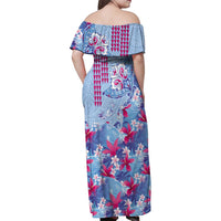 Hawaiian Tribal Manta Ray Family Matching Off Shoulder Maxi Dress and Hawaiian Shirt Kakau Tattoo and Flowers Surfing Waves Pattern Soft Color