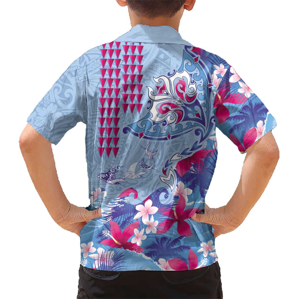Hawaiian Tribal Manta Ray Family Matching Off Shoulder Short Dress and Hawaiian Shirt Kakau Tattoo and Flowers Surfing Waves Pattern Soft Color