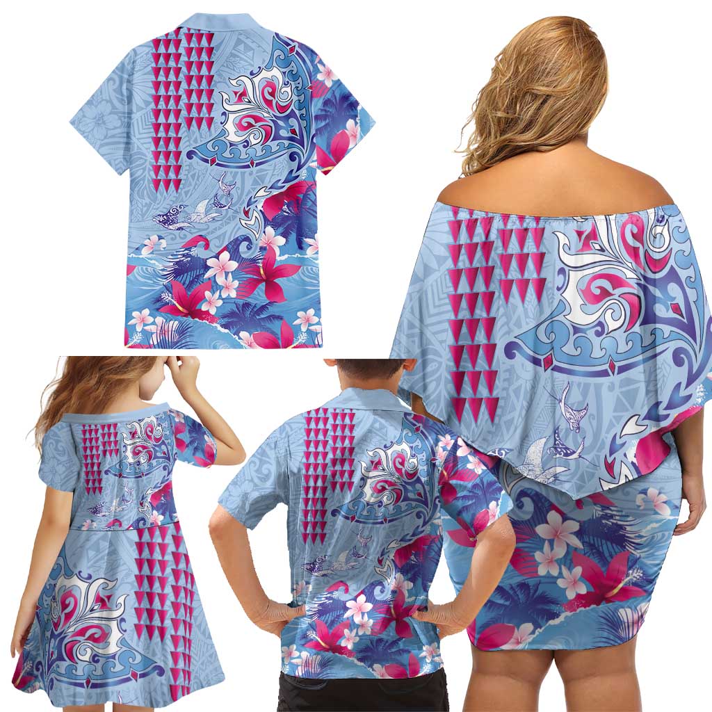 Hawaiian Tribal Manta Ray Family Matching Off Shoulder Short Dress and Hawaiian Shirt Kakau Tattoo and Flowers Surfing Waves Pattern Soft Color