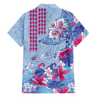 Hawaiian Tribal Manta Ray Family Matching Off Shoulder Short Dress and Hawaiian Shirt Kakau Tattoo and Flowers Surfing Waves Pattern Soft Color
