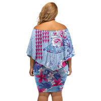 Hawaiian Tribal Manta Ray Family Matching Off Shoulder Short Dress and Hawaiian Shirt Kakau Tattoo and Flowers Surfing Waves Pattern Soft Color