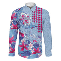 Hawaiian Tribal Manta Ray Family Matching Puletasi and Hawaiian Shirt Kakau Tattoo and Flowers Surfing Waves Pattern Soft Color