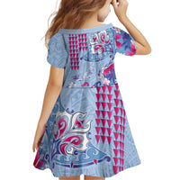 Hawaiian Tribal Manta Ray Family Matching Short Sleeve Bodycon Dress and Hawaiian Shirt Kakau Tattoo and Flowers Surfing Waves Pattern Soft Color