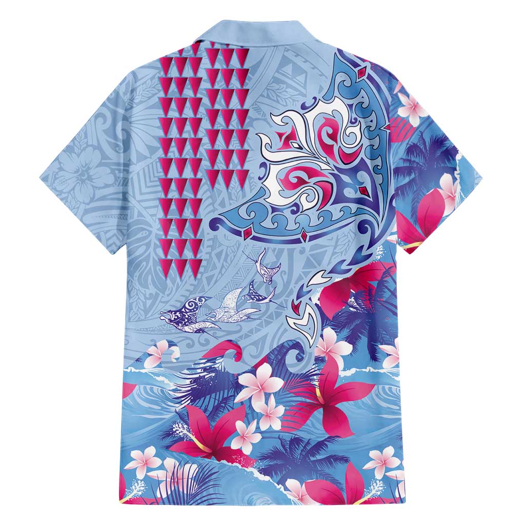 Hawaiian Tribal Manta Ray Family Matching Short Sleeve Bodycon Dress and Hawaiian Shirt Kakau Tattoo and Flowers Surfing Waves Pattern Soft Color