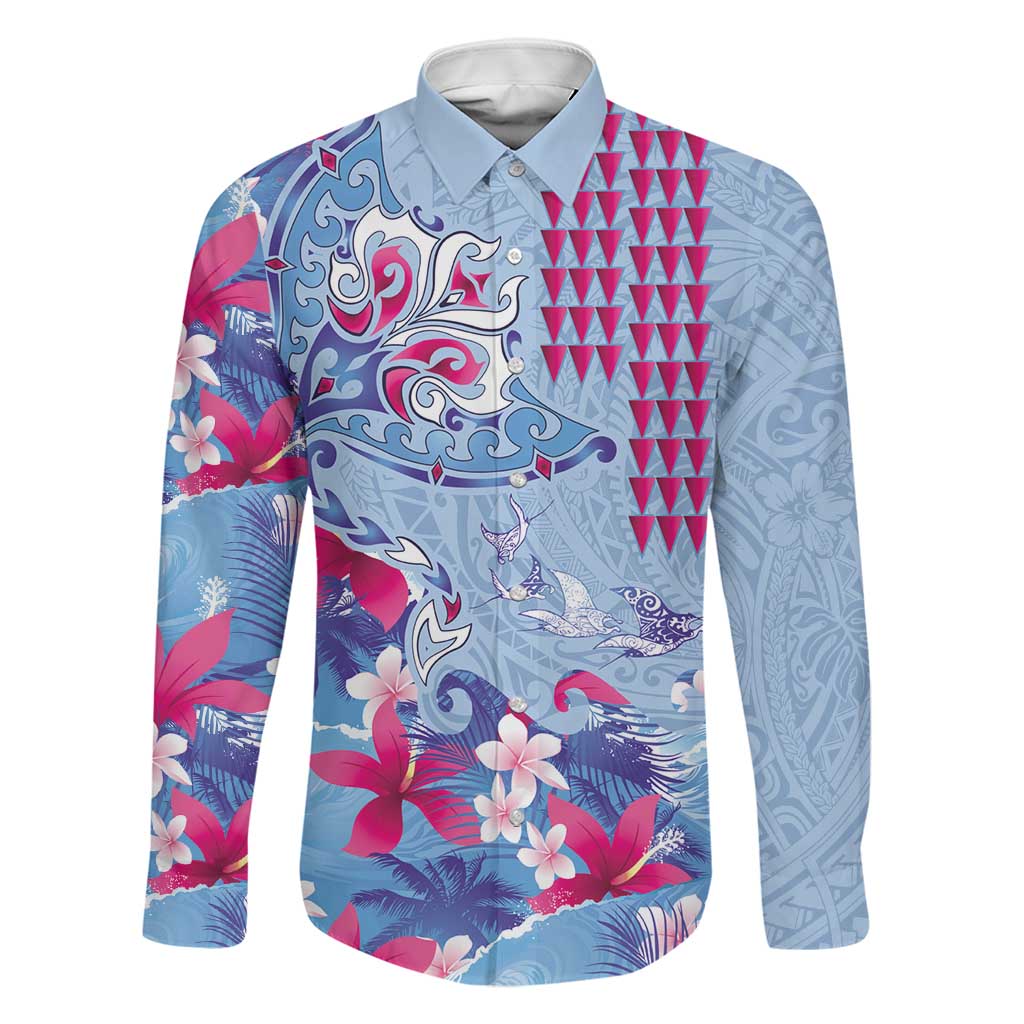 Hawaiian Tribal Manta Ray Family Matching Short Sleeve Bodycon Dress and Hawaiian Shirt Kakau Tattoo and Flowers Surfing Waves Pattern Soft Color