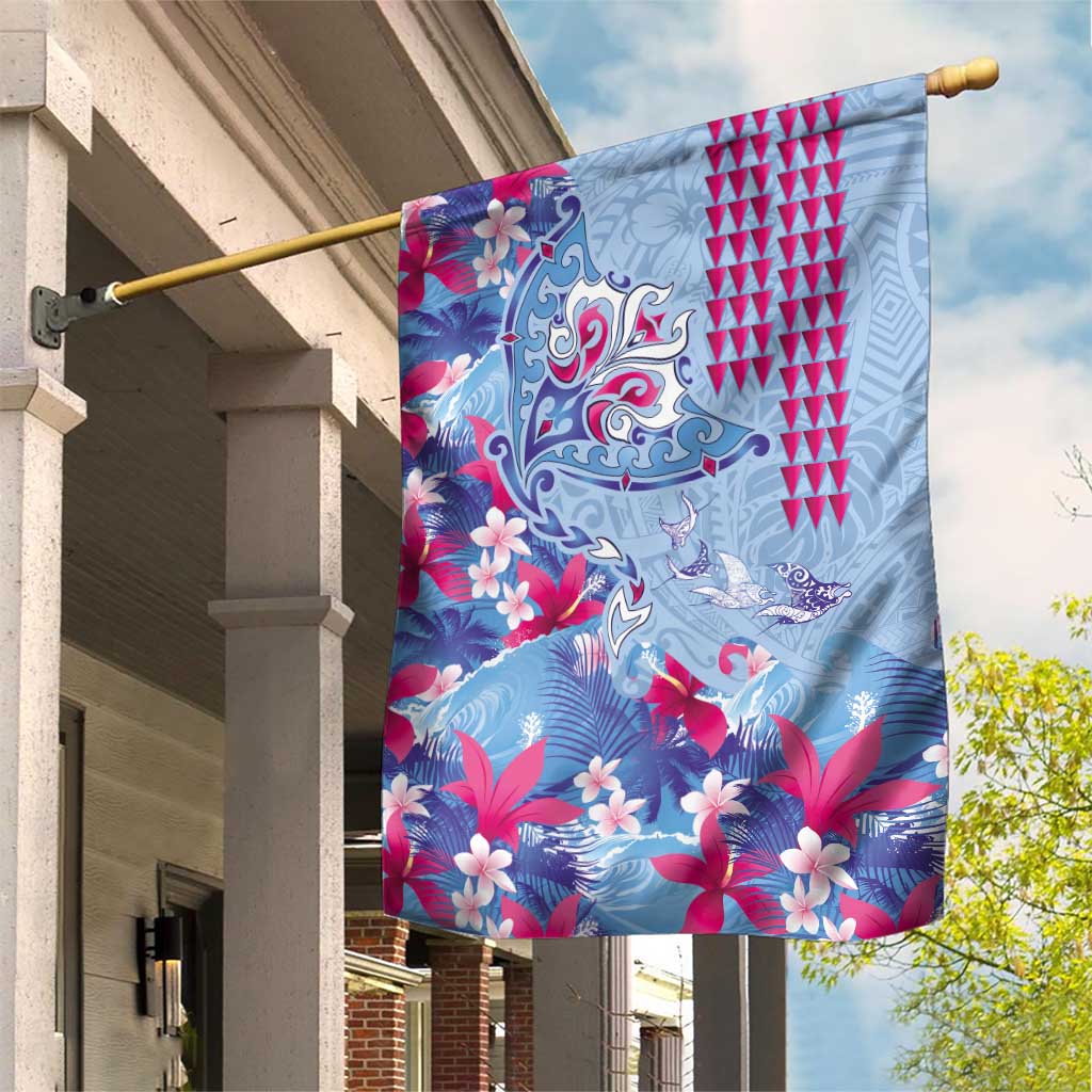 Hawaiian Tribal Manta Ray Garden Flag Kakau Tattoo and Flowers Surfing Waves Pattern Soft Color LT03 House Flag Multicolor - Polynesian Pride