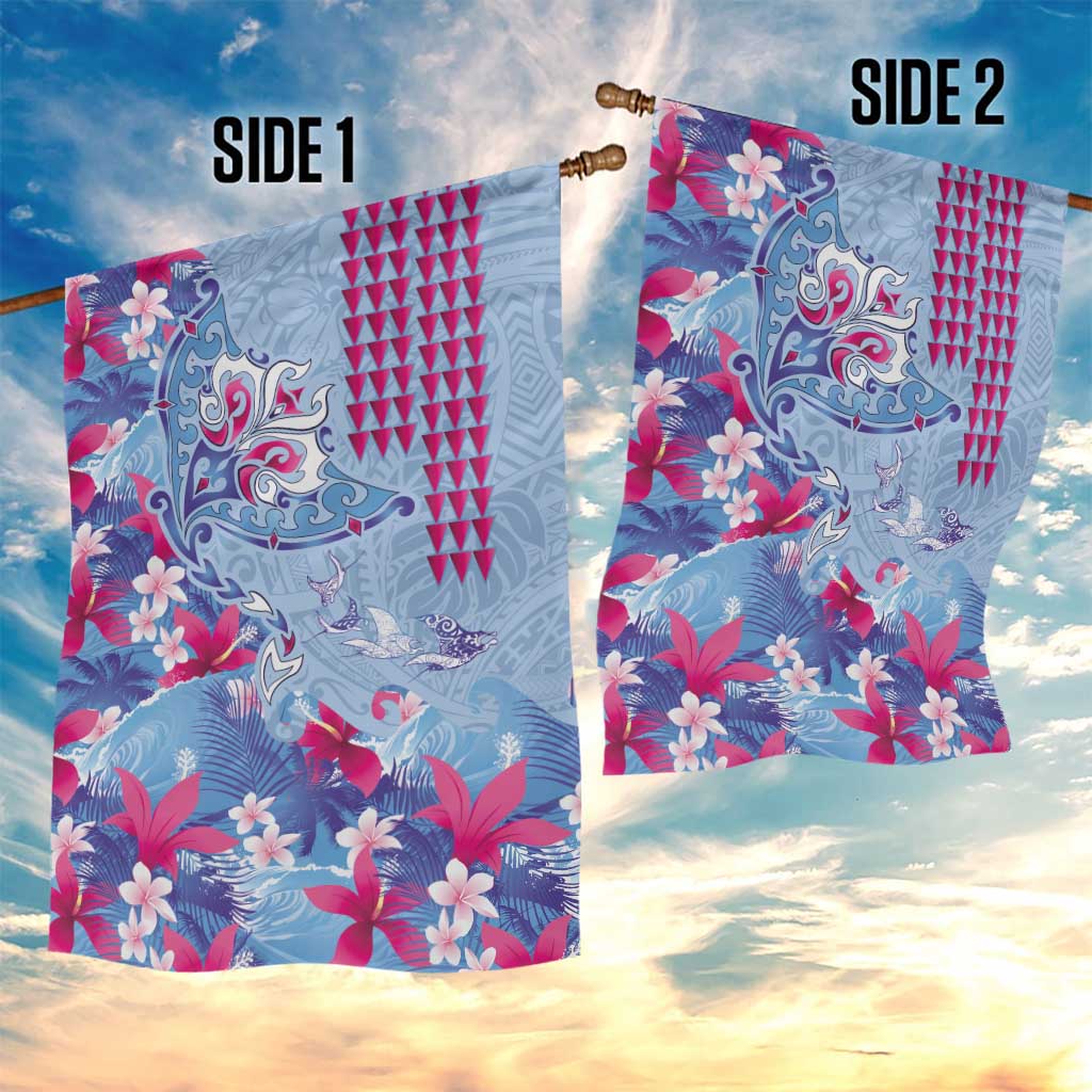 Hawaiian Tribal Manta Ray Garden Flag Kakau Tattoo and Flowers Surfing Waves Pattern Soft Color LT03 - Polynesian Pride