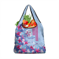 Hawaiian Tribal Manta Ray Grocery Bag Kakau Tattoo and Flowers Surfing Waves Pattern Soft Color