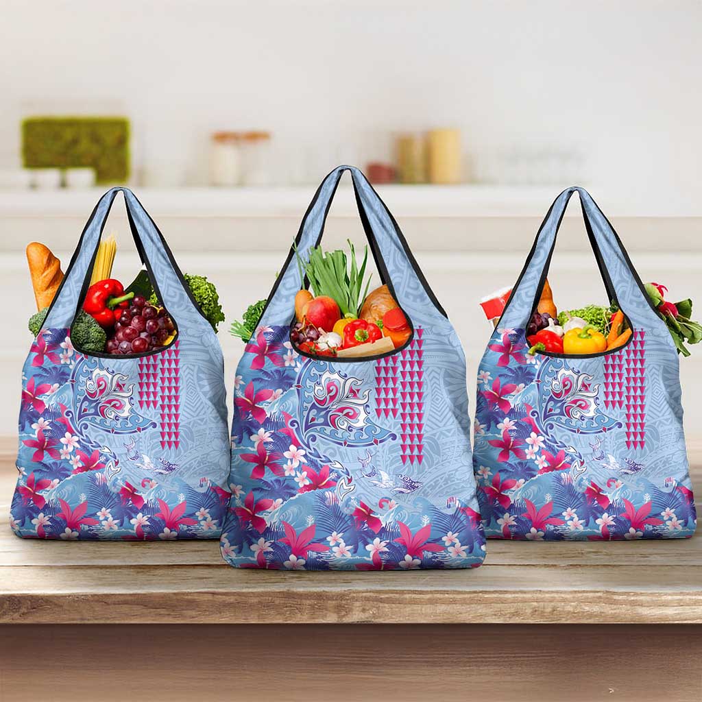 Hawaiian Tribal Manta Ray Grocery Bag Kakau Tattoo and Flowers Surfing Waves Pattern Soft Color