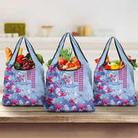 Hawaiian Tribal Manta Ray Grocery Bag Kakau Tattoo and Flowers Surfing Waves Pattern Soft Color