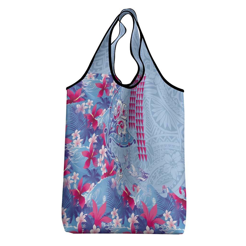 Hawaiian Tribal Manta Ray Grocery Bag Kakau Tattoo and Flowers Surfing Waves Pattern Soft Color