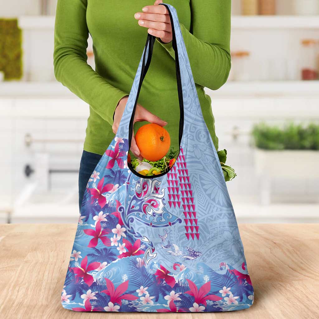 Hawaiian Tribal Manta Ray Grocery Bag Kakau Tattoo and Flowers Surfing Waves Pattern Soft Color