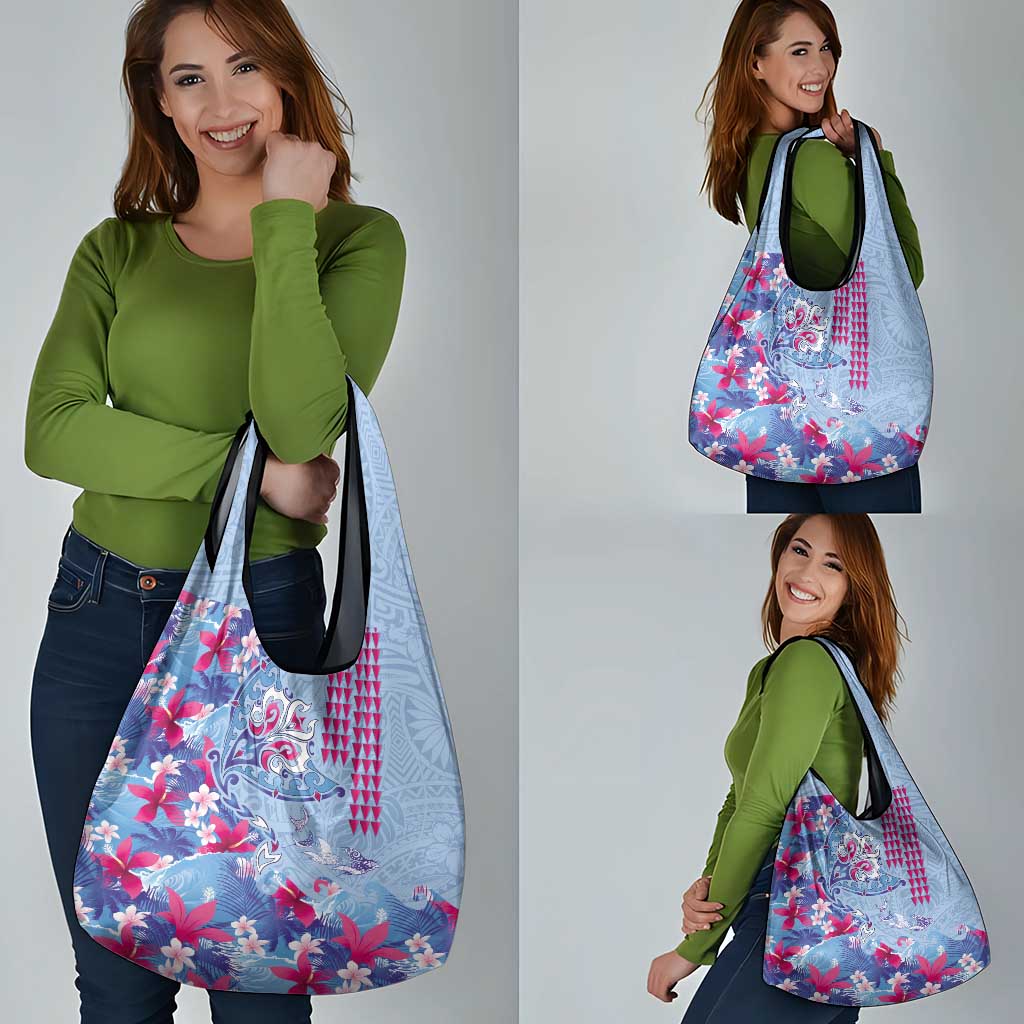 Hawaiian Tribal Manta Ray Grocery Bag Kakau Tattoo and Flowers Surfing Waves Pattern Soft Color