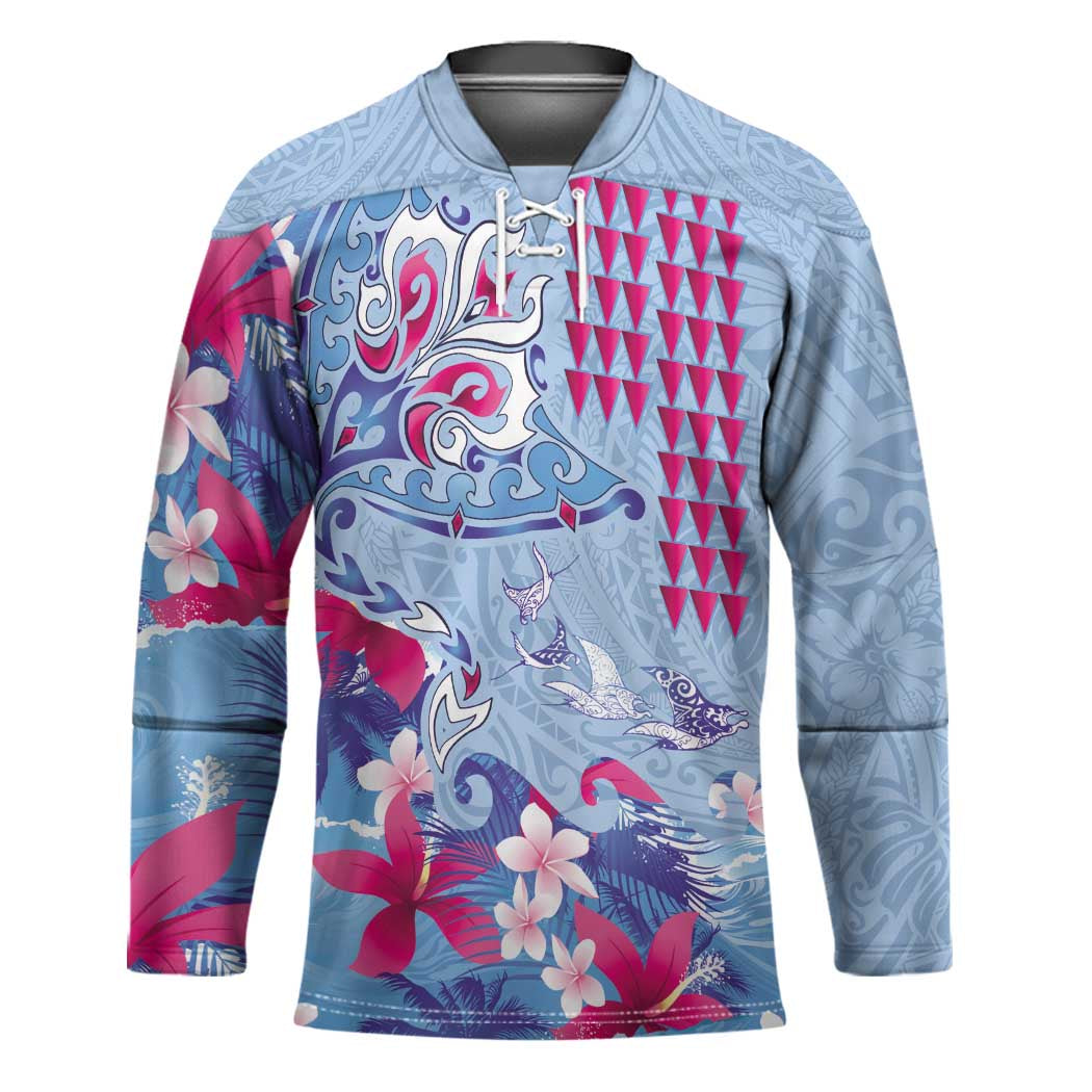 Hawaiian Tribal Manta Ray Hockey Jersey Kakau Tattoo and Flowers Surfing Waves Pattern Soft Color LT03 Unisex Multicolor - Polynesian Pride