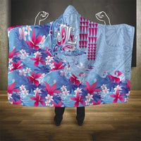 Hawaiian Tribal Manta Ray Hooded Blanket Kakau Tattoo and Flowers Surfing Waves Pattern Soft Color