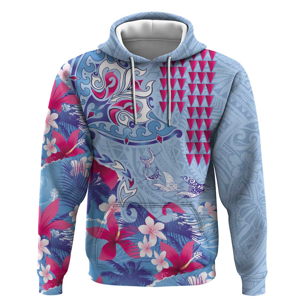 Hawaiian Tribal Manta Ray Hoodie Kakau Tattoo and Flowers Surfing Waves Pattern Soft Color LT03 Pullover Hoodie Multicolor - Polynesian Pride