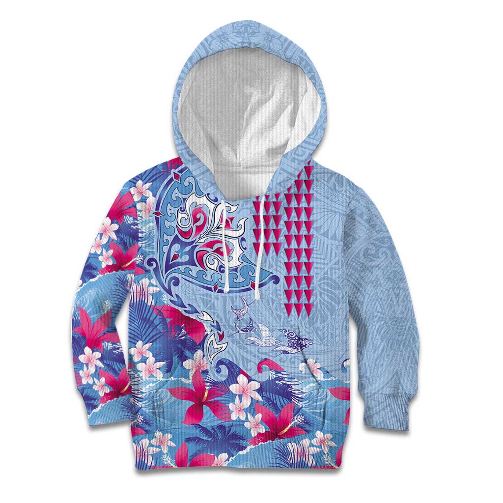 Hawaiian Tribal Manta Ray Kid Hoodie Kakau Tattoo and Flowers Surfing Waves Pattern Soft Color LT03 Hoodie Multicolor - Polynesian Pride