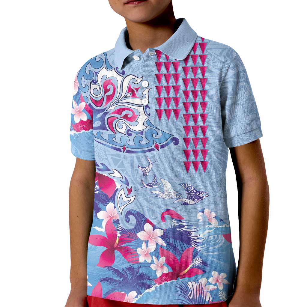 Hawaiian Tribal Manta Ray Kid Polo Shirt Kakau Tattoo and Flowers Surfing Waves Pattern Soft Color LT03 Kid Multicolor - Polynesian Pride