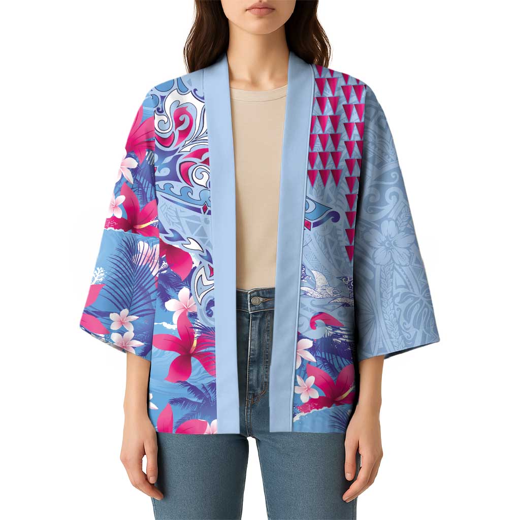 Hawaiian Tribal Manta Ray Kimono Kakau Tattoo and Flowers Surfing Waves Pattern Soft Color LT03 - Polynesian Pride