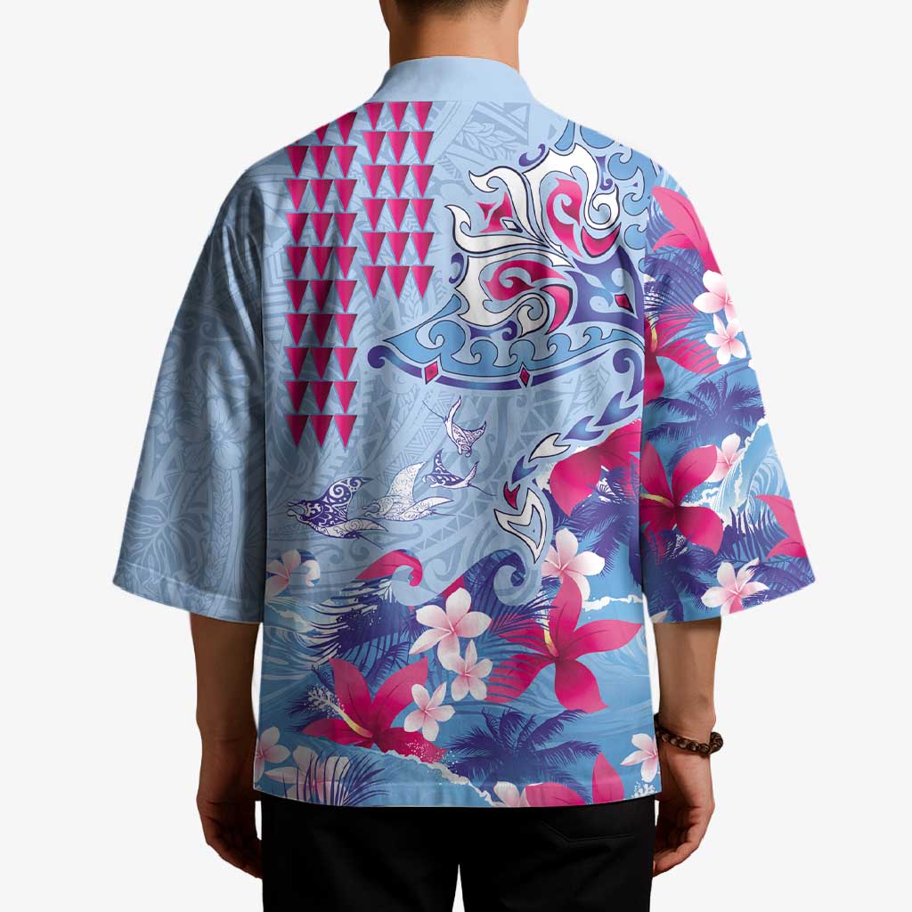 Hawaiian Tribal Manta Ray Kimono Kakau Tattoo and Flowers Surfing Waves Pattern Soft Color LT03 - Polynesian Pride