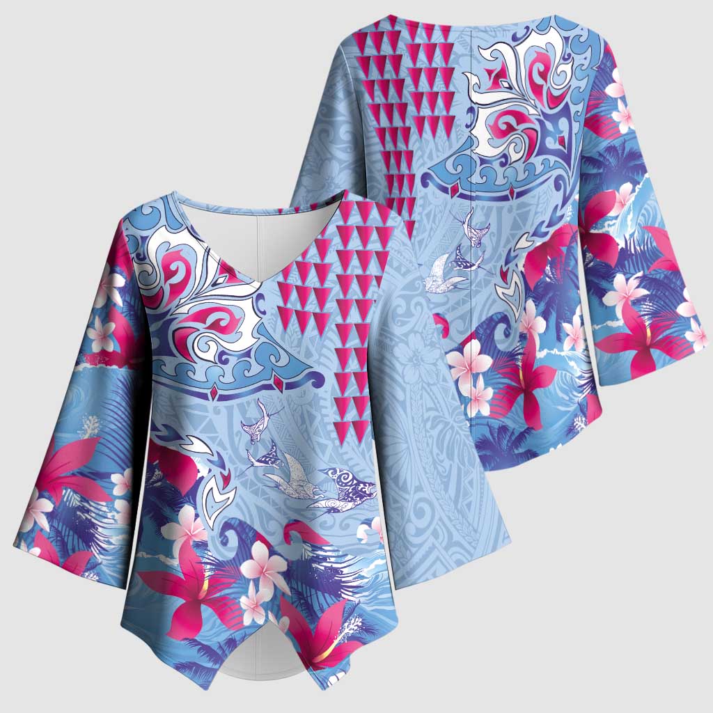 Hawaiian Tribal Manta Ray Kimono Sleeve Blouse Kakau Tattoo and Flowers Surfing Waves Pattern Soft Color LT03 - Polynesian Pride
