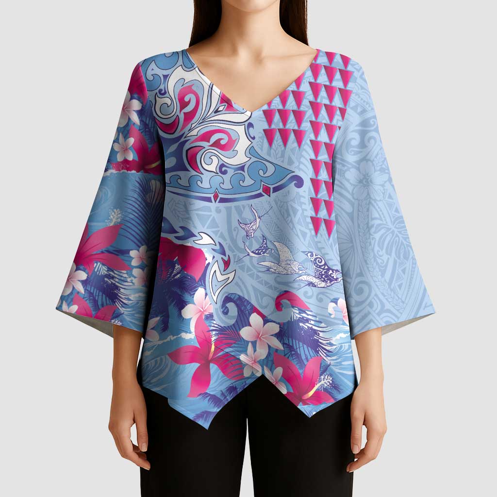 Hawaiian Tribal Manta Ray Kimono Sleeve Blouse Kakau Tattoo and Flowers Surfing Waves Pattern Soft Color LT03 - Polynesian Pride