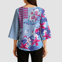 Hawaiian Tribal Manta Ray Kimono Sleeve Blouse Kakau Tattoo and Flowers Surfing Waves Pattern Soft Color LT03 - Polynesian Pride