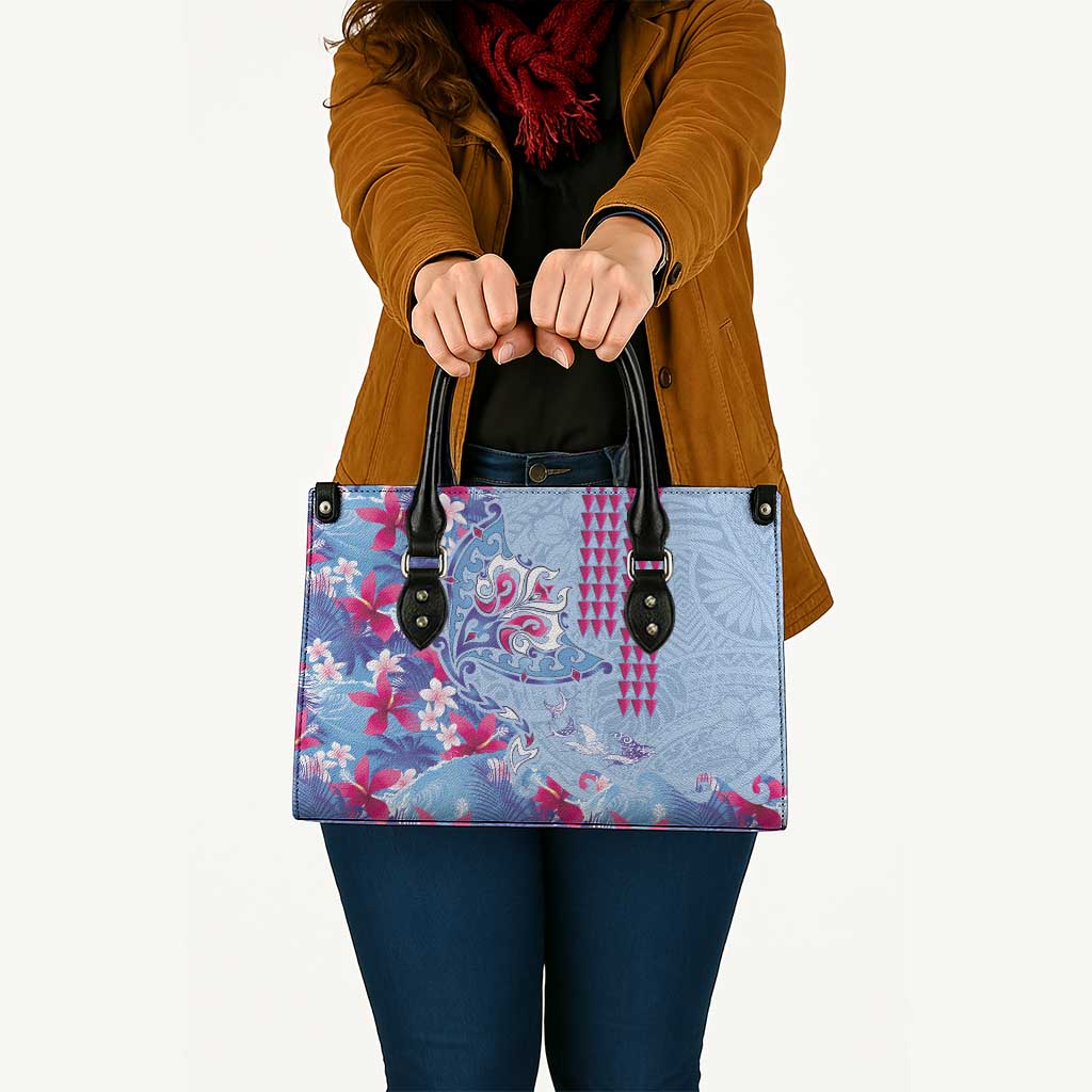 Hawaiian Tribal Manta Ray Leather Bag Kakau Tattoo and Flowers Surfing Waves Pattern Soft Color LT03 - Polynesian Pride