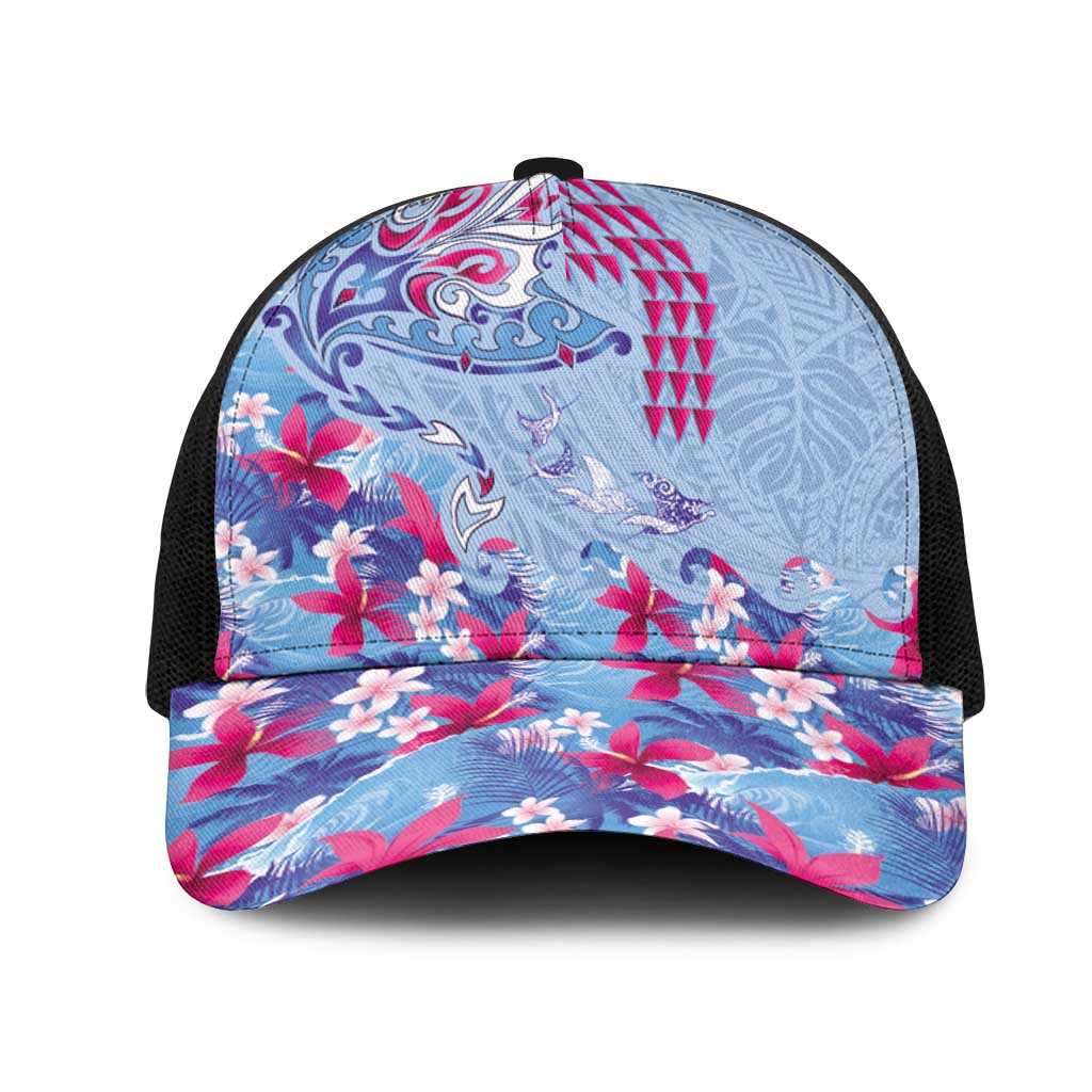 Hawaiian Tribal Manta Ray Mesh Trucker Cap Kakau Tattoo and Flowers Surfing Waves Pattern Soft Color LT03 One Size Black Multicolor - Polynesian Pride